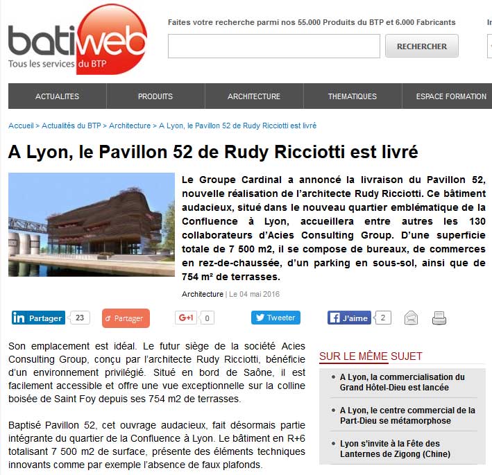 Batiweb - Le Groupe Cardinal livre Pavillon52 de l'architecte Rudy Ricciotti